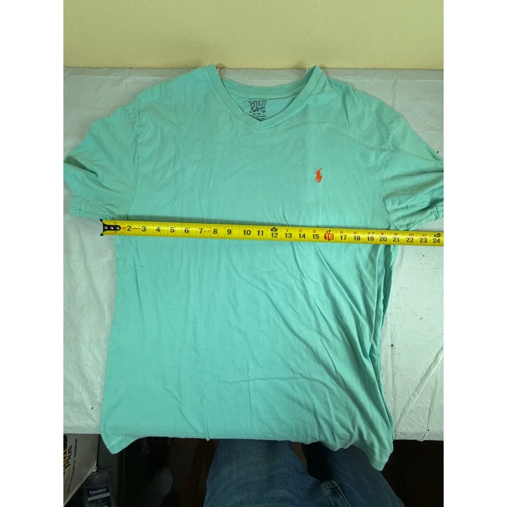 Polo Ralph Lauren Mens V-Neck T-Shirt Medium Aqua Blue Cotton Orange Pony Logo